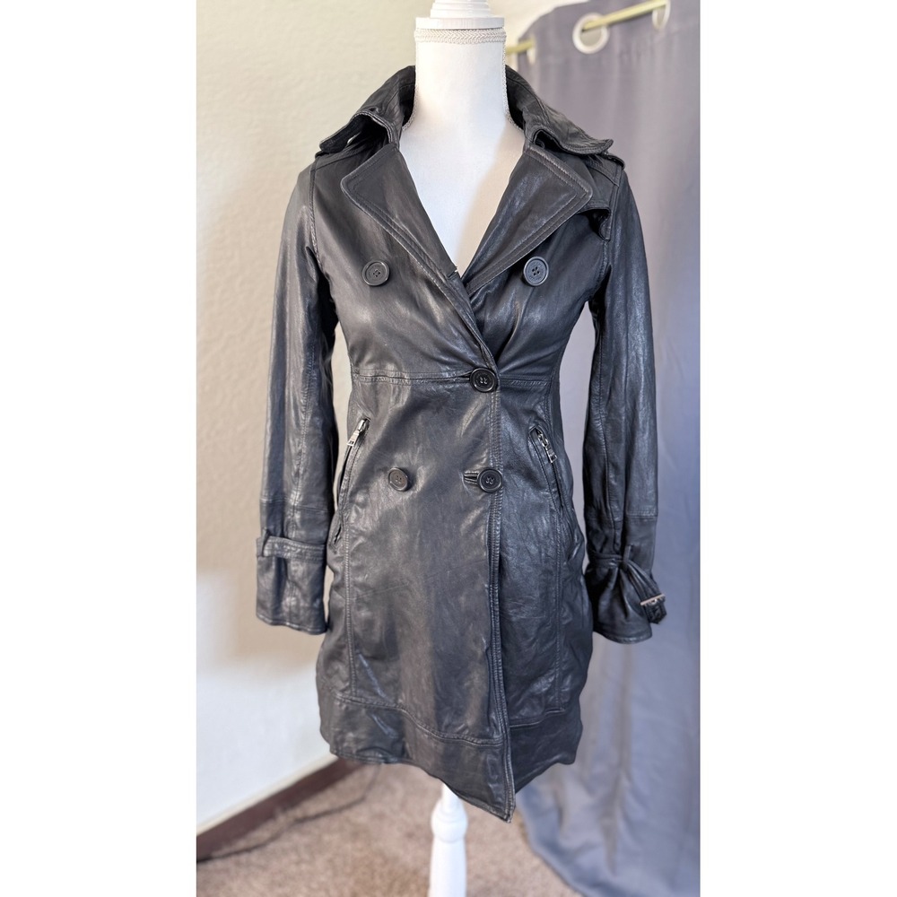 Marc‎ New York Andrew Marc Black Leather Trench Coat Double Breasted XS Jacket